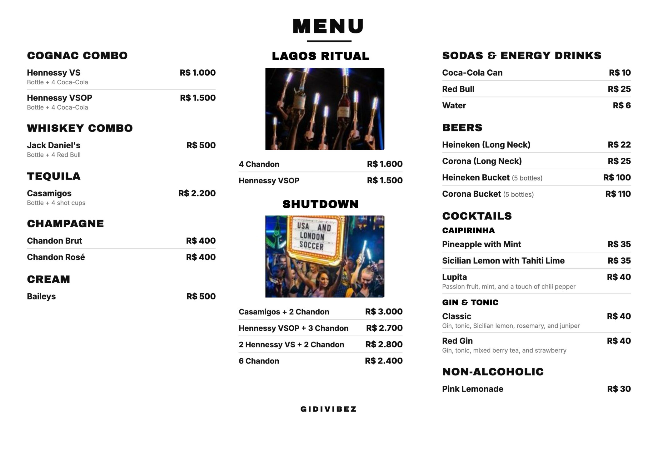 GidiVibez menu — bottles, combos, beers, drinks and prices